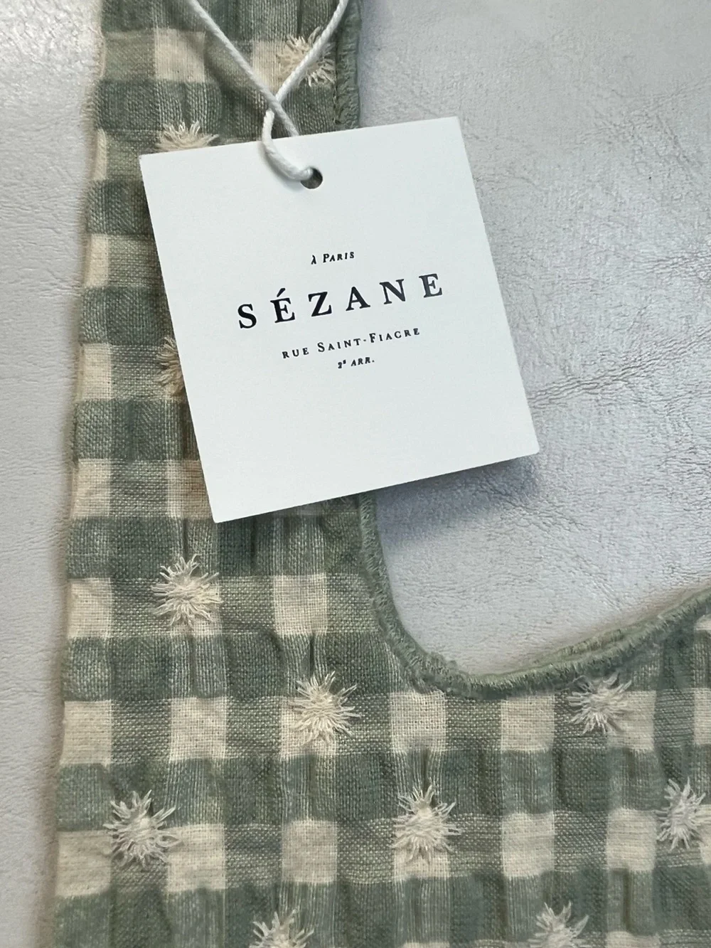 NWT Sezane Sage Green and White Gingham Embroidered Tote